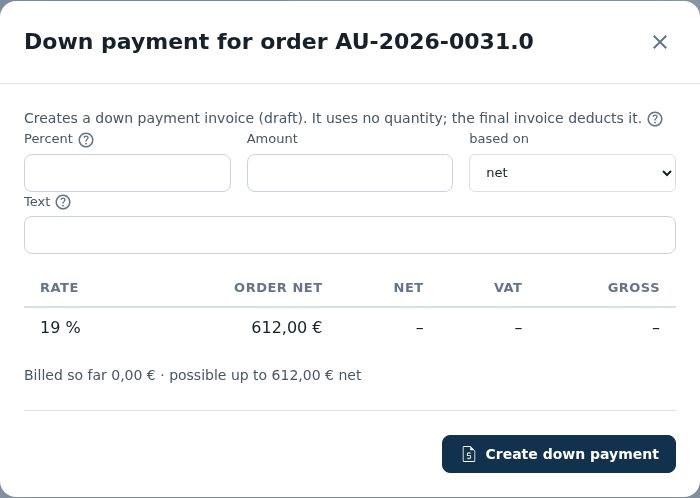 Down payment for order