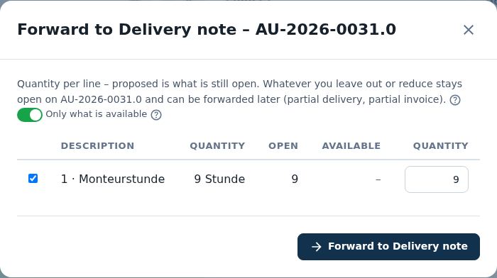 Forward to Delivery note –