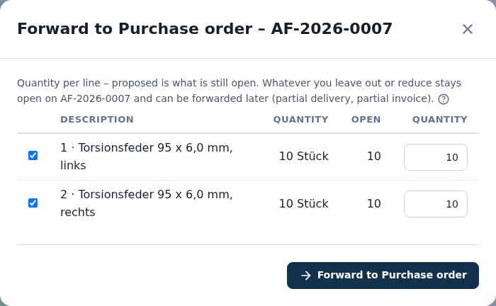 Forward to Purchase order –