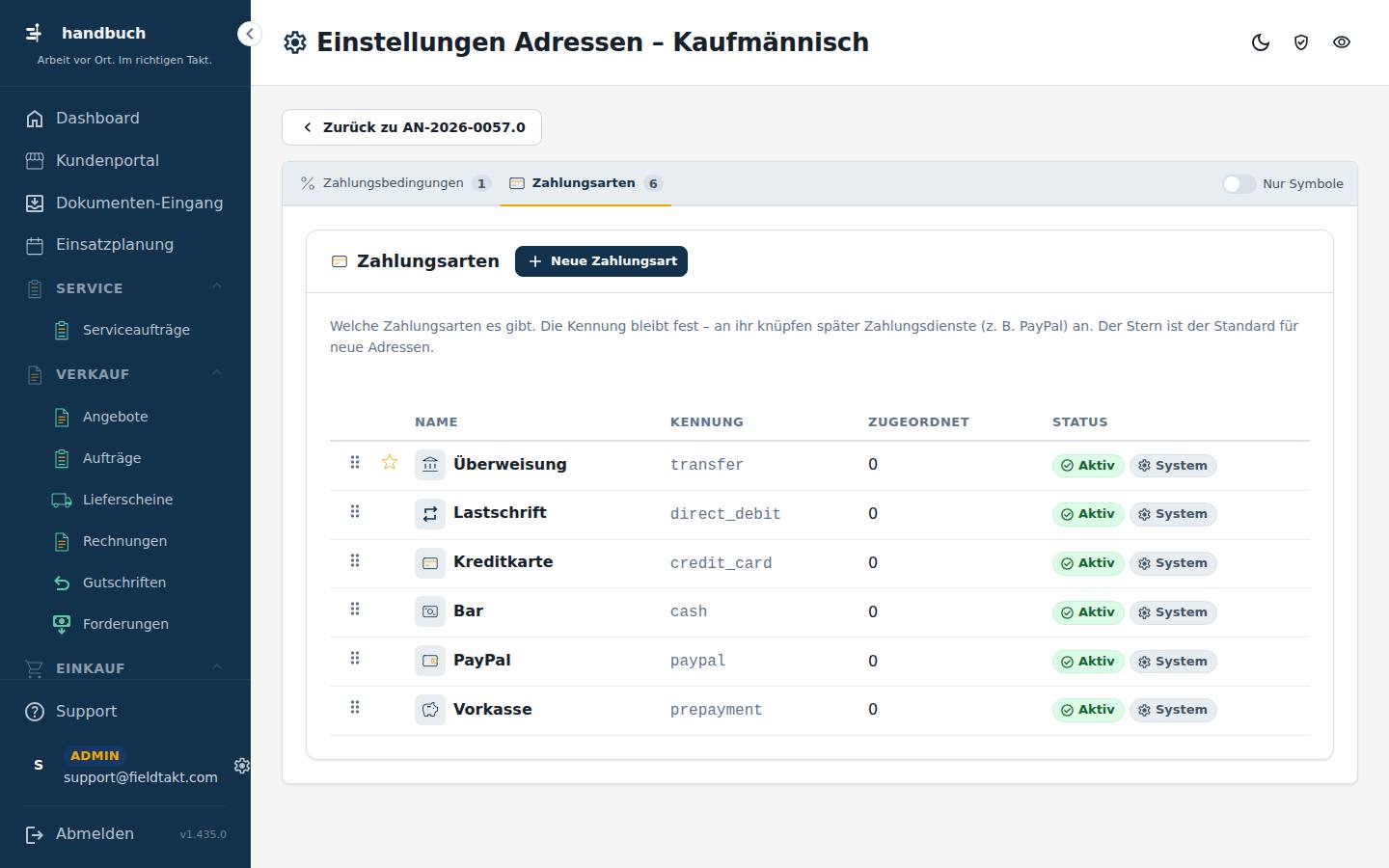 Einstellungen Adressen – Kaufmännisch
