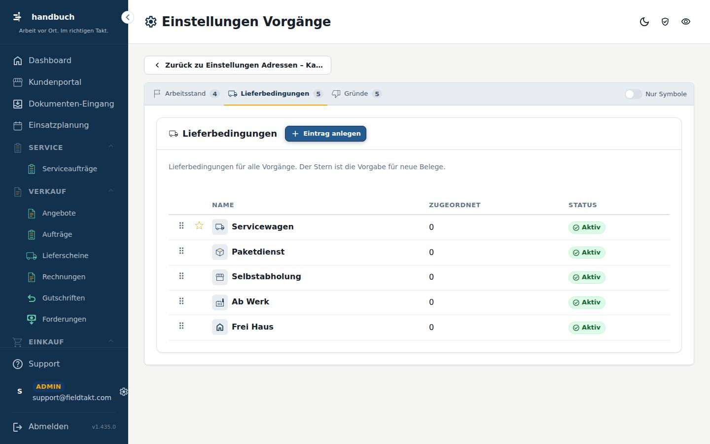 Einstellungen Vorgänge