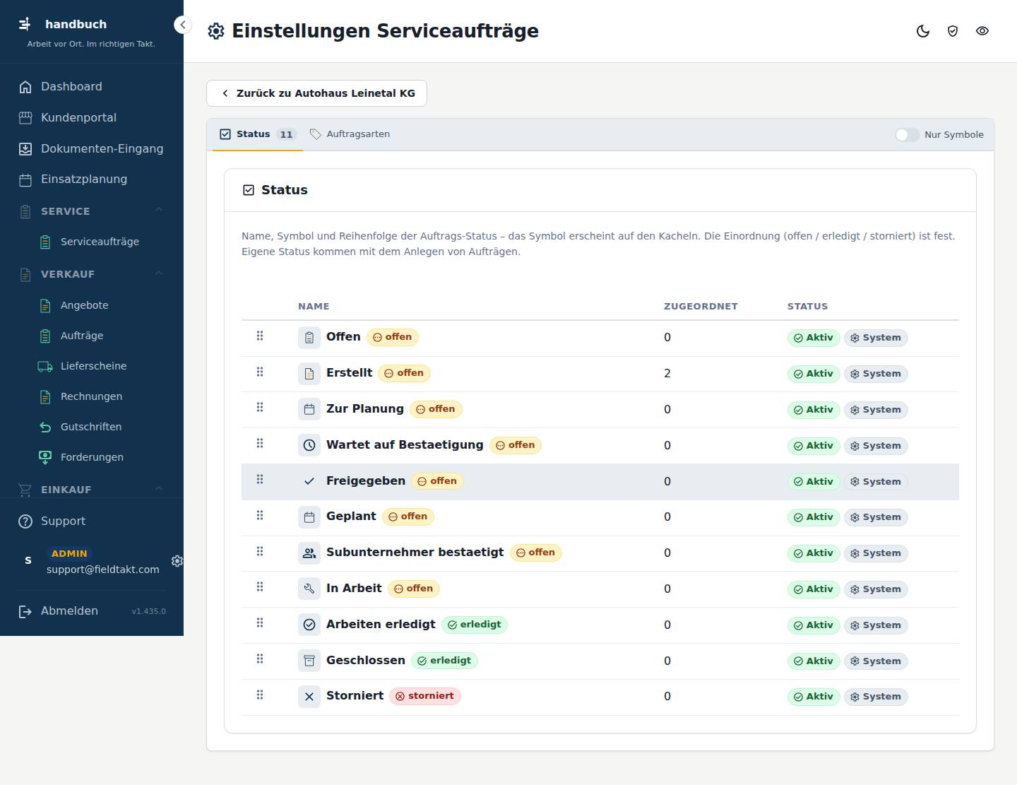 Einstellungen Serviceaufträge