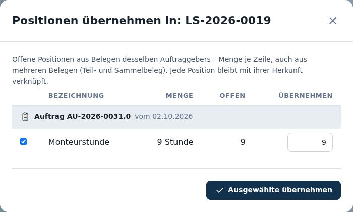 Positionen übernehmen