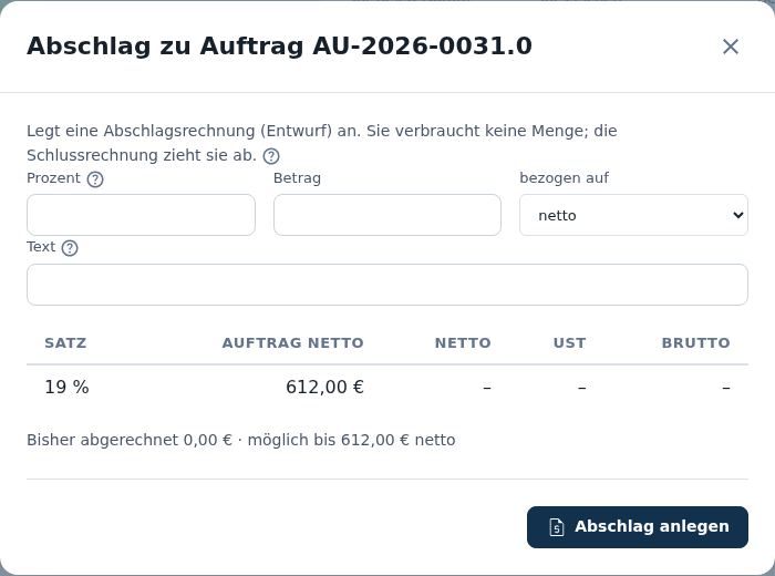 Abschlag zu Auftrag