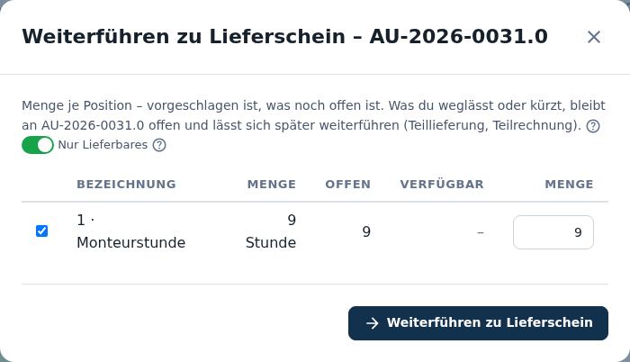 Weiterführen zu Lieferschein –