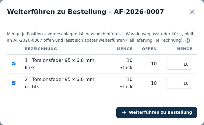 Weiterführen zu Bestellung –
