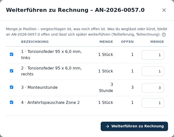 Weiterführen zu Rechnung –
