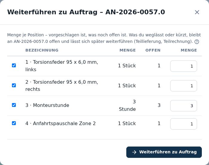 Weiterführen zu Auftrag –